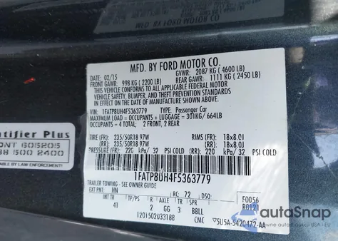 2015 Ford Mustang Ecoboost Premium из США, поврежденный, VIN 1FATP8UH4F5363779